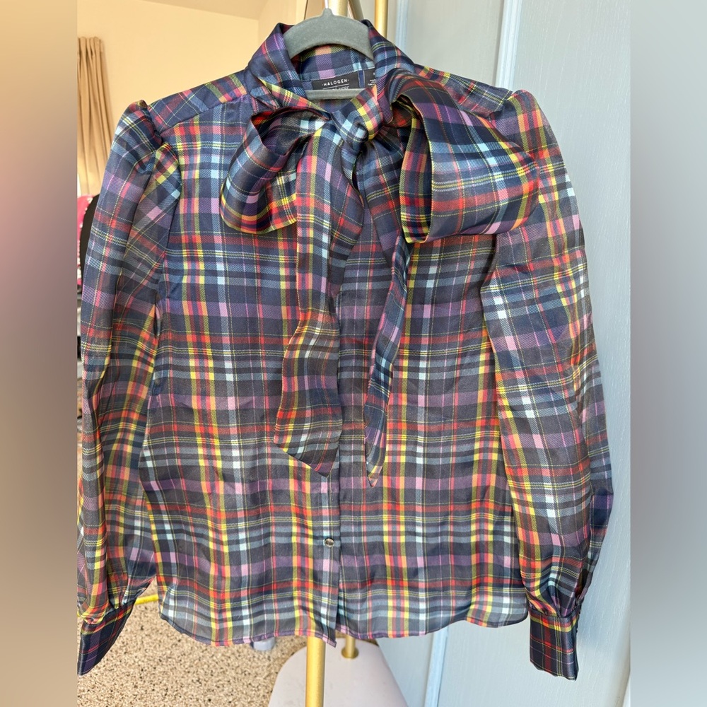 Halogen Multicolor Plaid Bow Blouse